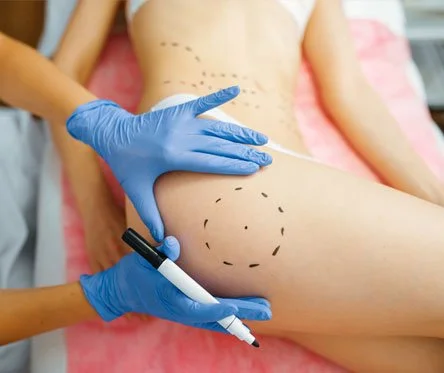 About Us 1 cosmetician with marker puts dotted lines on body 46BU9A4