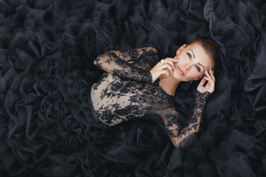 beautiful young woman luxurious black dress montenegro