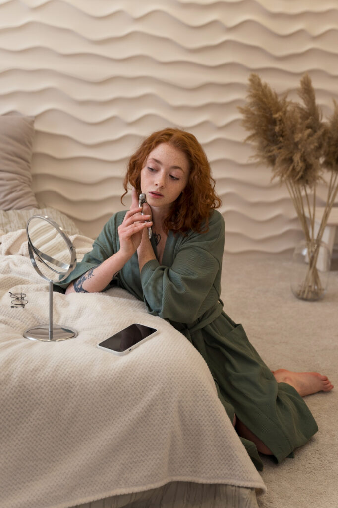 woman using face roller during her beauty routine