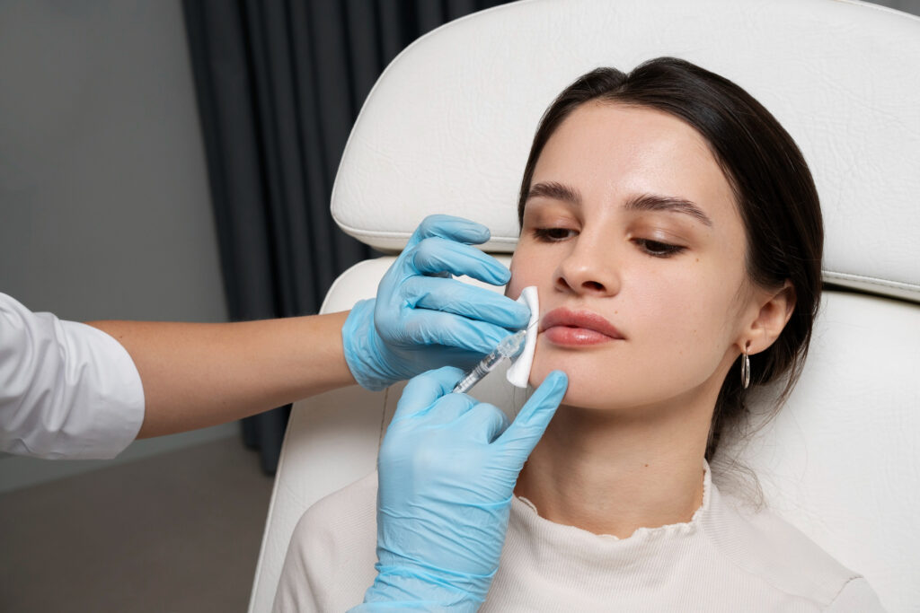 Technieken voor gezichtsverzachting bij feminiseringschirurgie: vettransplantatie en fillers 8 hoge hoekvrouw die lipvullers krijgt