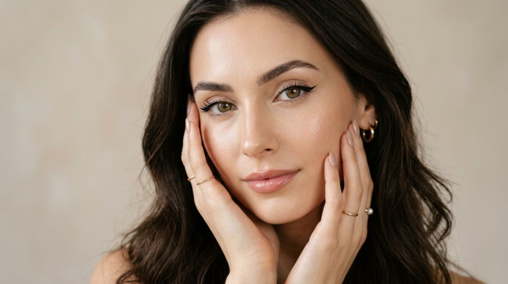 Retrato de primer plano de una mujer de apariencia muy femenina, con una iluminación suave y difusa que resalta su piel tersa y radiante. Luce un maquillaje natural con un sutil delineado de ojos alado, cejas definidas y labios brillantes. Sus rasgos faciales son refinados y delicados, incluyendo ojos color avellana almendrados y una mandíbula fina. Tiene el cabello largo, ondulado y castaño oscuro. Lleva unos sencillos y elegantes pendientes de aro dorados y delicados anillos dorados en los dedos, con las manos apoyadas en las mejillas. El fondo es un telón de estudio liso de tonos neutros, que crea una imagen limpia y profesional.