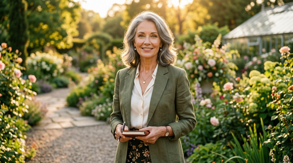 Una mujer madura y sonriente, con elegante cabello plateado, se encuentra en un vibrante jardín de flores bañado por el sol. Luce rasgos femeninos con un maquillaje suave y natural, y viste un elegante blazer verde oliva sobre una blusa color crema abotonada, combinada con una falda floral. Sostiene una pequeña libreta y un bolígrafo, mientras la cálida luz del atardecer ilumina su rostro y crea un fondo suave y difuminado que muestra un invernadero de cristal y una exuberante vegetación.