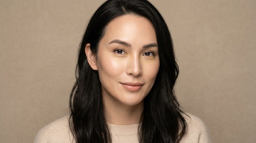 Retrato de una persona de apariencia femenina, con una iluminación suave y uniforme que resalta un maquillaje natural y luminoso. La modelo presenta rasgos faciales delicados, cejas bien definidas y cabello largo y oscuro, que resaltan su feminidad. Viste un suéter de punto texturizado de color beige. El fondo es un telón de estudio liso, neutro y de color marrón claro, que crea una estética limpia y minimalista.