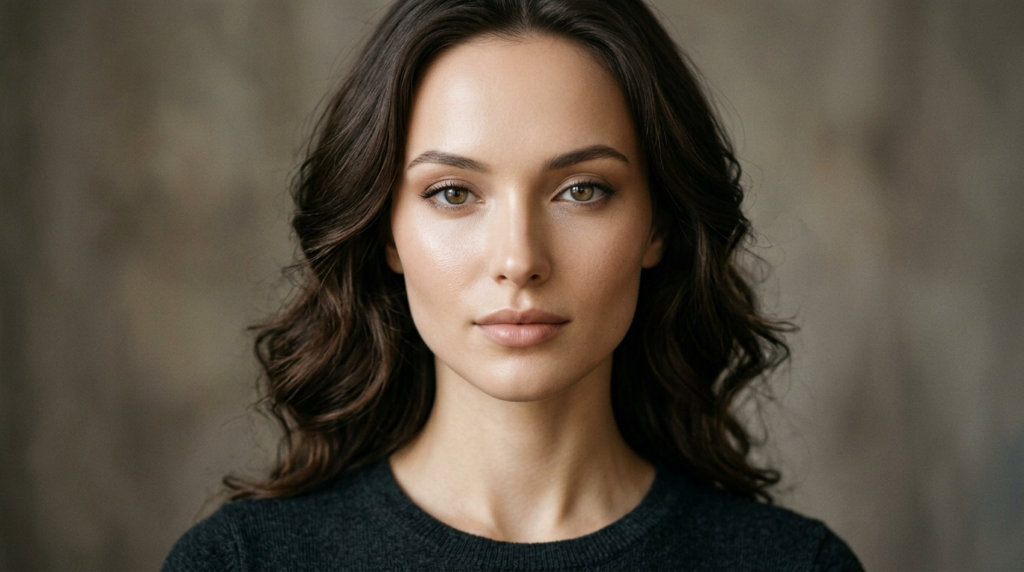 Retrato de una mujer con rasgos faciales muy femeninos, definidos por una piel suave y tersa y una estructura ósea refinada. Tiene el cabello largo, ondulado y castaño oscuro, y ojos color avellana cálidos. Su maquillaje es sutil y natural, realzando sus rasgos con una tez limpia y radiante. La iluminación es suave y favorecedora, creando delicados reflejos en su rostro y resaltando la textura tersa de su piel. Viste una sencilla blusa de punto de color oscuro. El fondo es una pared minimalista, de tonos neutros y textura rugosa, que centra toda la atención en su apariencia. No presenta rasgos masculinos; su expresión es serena y equilibrada.