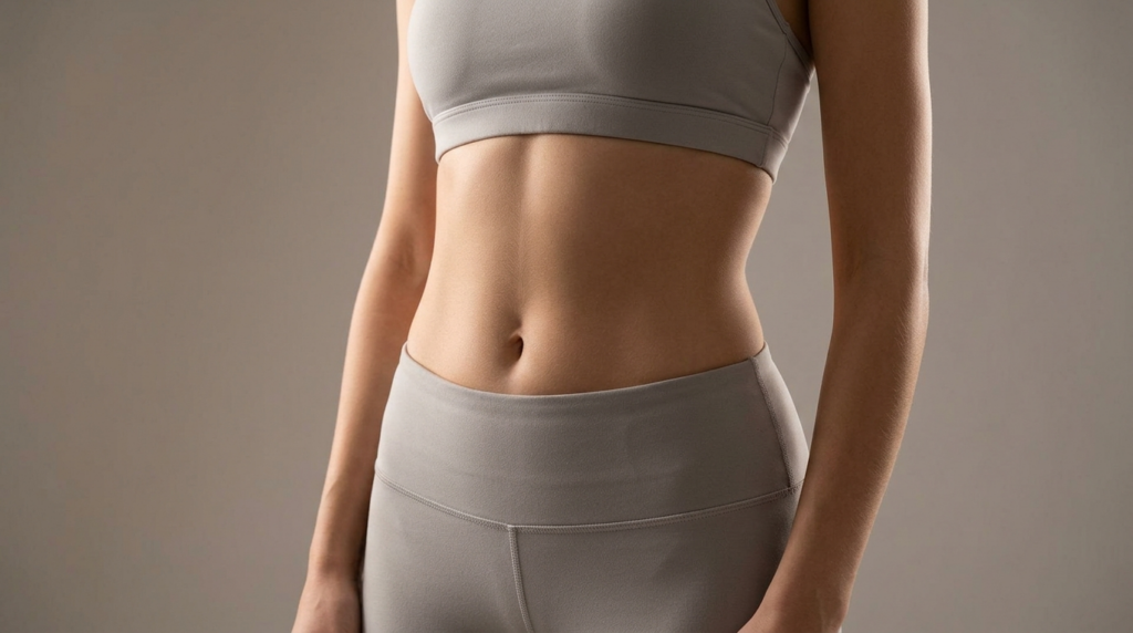 Primer plano de la cintura de una persona, tomada en estudio, mostrando un físico femenino y tonificado con abdominales definidos. La persona lleva un sujetador deportivo gris claro y leggings de talle alto a juego. La iluminación es suave y profesional, creando contornos delicados que realzan la textura tersa de la piel y la cintura esbelta. El fondo es de un gris neutro y limpio. No se aprecia maquillaje ni rostro en esta toma centrada en el torso, y la estética enfatiza una forma anatómica femenina y en forma.