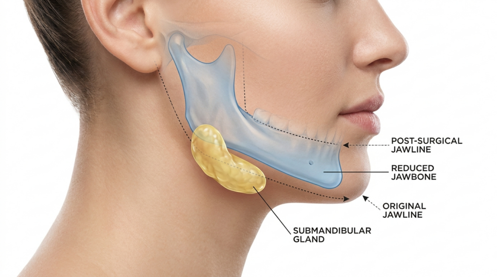 A hyper-realistic, clinical 3D medical illustration, rendered with the precision of an 85mm macro lens, depicting the lateral view of a human jawline. The composition highlights a surgical transformation, focusing on a semi-transparent, translucent blue jawbone structure overlaid on a smooth, soft-toned human profile. Soft, diffused lighting accentuates the gentle contours of the jaw and neck, emphasizing the post-surgical refinement. A prominent, golden-hued, textured submandibular gland is clearly marked, contrasting against the sterile, clinical aesthetic. Clean, precise technical annotations with dashed lines guide the viewer, illustrating the reduction of the jawbone compared to the original anatomical outline. The background is a clean, uniform, high-key white, typical of sophisticated medical educational materials, maintaining a professional and sterile atmosphere that focuses entirely on anatomical accuracy and procedural clarity.