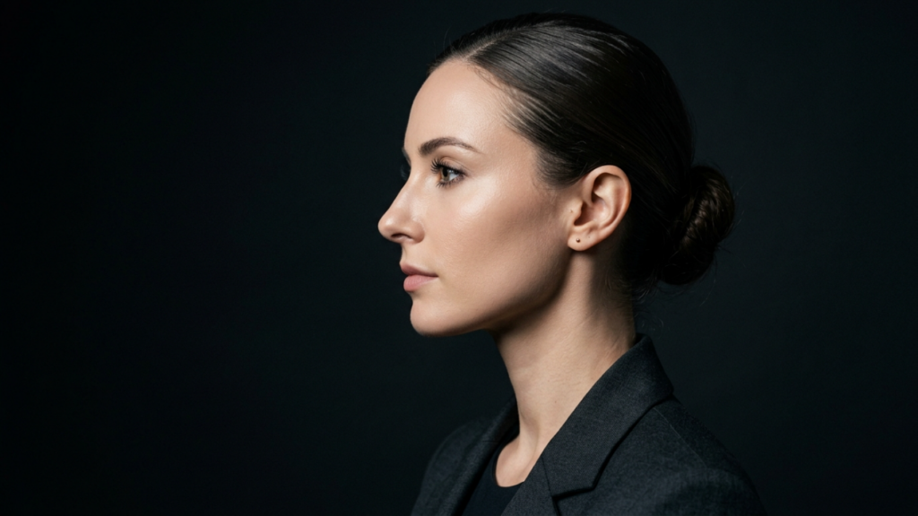 Retrato de estudio hiperrealista en 8K de una mujer de perfil, capturado con una lente macro de 85 mm para resaltar sus rasgos faciales. La iluminación es cinematográfica y direccional, utilizando una luz lateral intensa para definir los elegantes contornos de su mandíbula y puente nasal sobre un fondo negro minimalista. Su piel exhibe una luminosidad sutil y saludable, reproducida con un nivel de detalle microscópico que resalta la textura natural y un brillo suave y luminoso. Viste un elegante blazer de corte impecable en tonos oscuros con una textura de tejido fino, que contribuye a la estética sofisticada y de alta costura. La composición es enfocada e íntima, presentando una expresión serena y empoderada que fusiona la elegancia profesional con un arte atemporal.