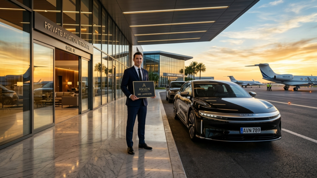 Une photographie éditoriale hyperréaliste en 8K, prise avec un objectif grand angle de 35 mm, met en scène un chauffeur professionnel devant un terminal d'aviation privée moderne et élégant, au coucher du soleil. La douce lumière dorée du crépuscule crée un contre-jour spectaculaire qui souligne les lignes architecturales du terminal et la finition polie, presque miroitante, de la berline de luxe Lucid noire. Vêtu d'un costume bleu marine impeccable, le chauffeur adopte une posture droite et accueillante, tenant une pancarte personnalisée ' AVION '. La texture de sa peau est rendue avec une précision exquise, reflétant les teintes orangées et violettes du ciel crépusculaire. La scène, qui évoque le luxe et la logistique haut de gamme, trouve son équilibre entre la géométrie rigide et épurée de la façade de verre et le design fluide et aérodynamique du véhicule. En arrière-plan, un tarmac où stationnent des jets privés crée une atmosphère de voyage exclusif et réservé à une clientèle fortunée. Chaque détail, du reflet sur le sol en marbre aux moindres détails de la voiture, est rendu avec une précision méticuleuse.