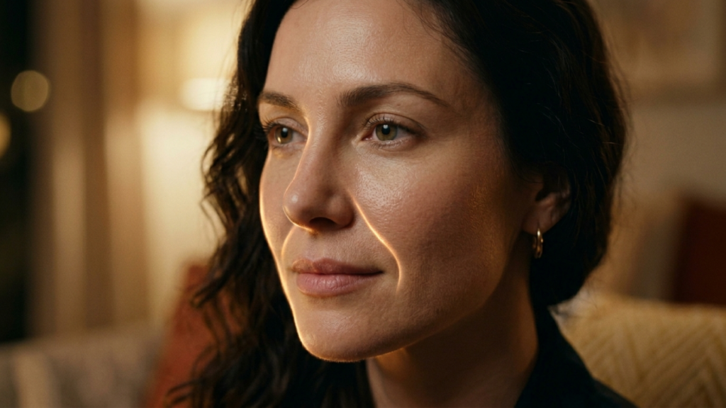Un portrait éditorial hyperréaliste en 8K capture une femme dans une humeur contemplative et sereine. Prise avec un objectif 50 mm f/1.2, la faible profondeur de champ crée un bokeh doux et luxueux en arrière-plan, mettant parfaitement en valeur les traits de son visage. L'éclairage, à la fois cinématographique et directionnel, utilise une lumière latérale chaude et dorée qui sculpte son profil, soulignant la finesse de ses traits et l'élégance de sa mâchoire, tout en projetant des ombres subtiles et artistiques sur sa joue. Le grain de sa peau est rendu avec une précision exquise, révélant une luminescence naturelle et subtile, ainsi qu'un teint frais et hydraté qui capte magnifiquement la lumière. Elle porte une tenue sombre et raffinée, rehaussée d'une boucle d'oreille minimaliste en métal qui capte la lumière ambiante. L'atmosphère générale est intime et sophistiquée, évoquant une grâce discrète et moderne.